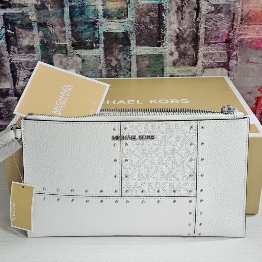 Michael Kors White & Silver Studded Wristlet/Clutch NWT MK BOX & RIBBON INCLUDED